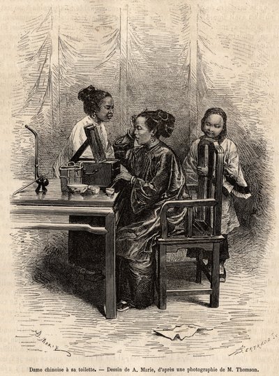 Dame chinoise à sa toilette (illustration du voyage à Pékin et en Chine du Nord, par T. Choutze, 1873, publié dans "Le tour du monde" 1876) - Adrien Emmanuel Marie