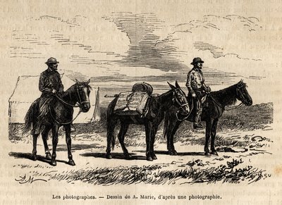 Photographes de la mission géologique américaine, à cheval, matériel soigneusement emballé prêt pour une nouvelle étape, gravure d