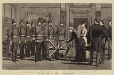 Le vingt-quatrième régiment à Isandlana, Sa Majesté décorant les couleurs récupérées du premier bataillon à Osborne House - Adrien Emmanuel Marie