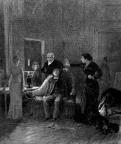 Représentation théâtrale : 5ème acte de « Jack » par Alphonse Daudet (1840-1897) et H. Lafontaine avec Mlle Sisos (Cécile), M. Porel (Dr. Rivals), M. Chelles (Jack), Mlle Montaland (Ida de Barancy). Paris, théâtre de l