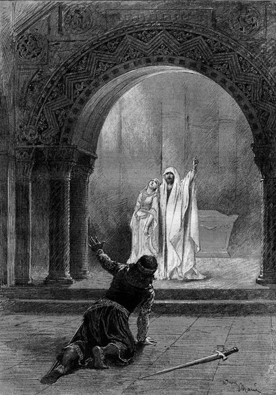 Représentation théâtrale : « Garin » de Paul Delair (1842-1894) avec Henri Maubant (1821-1908) (Herbert), Adeline Dudlay (Aischa) et Jean Sully Mounet dit Mounet-Sully (1841-1916) (Garin). Paris, Comédie-Française - Adrien Emmanuel Marie
