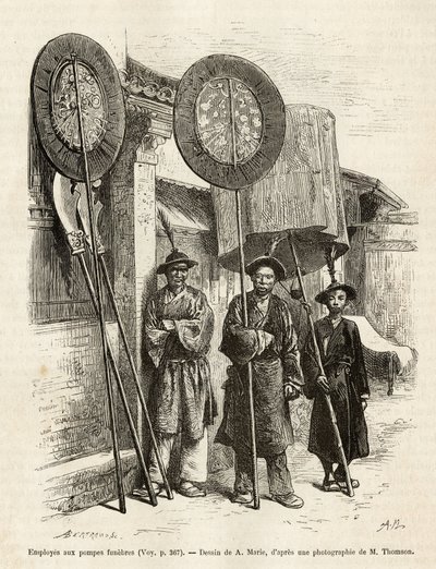 Trois travailleurs funéraires à Pékin (illustration du voyage à Pékin et en Chine du Nord, par T. Choutze, 1873, publié dans "Le tour du monde" 1876) - Adrien Emmanuel Marie
