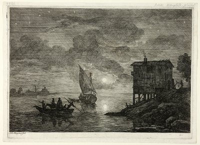 Scène de port au clair de lune avec ferry - Adrien Manglard
