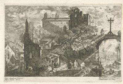 Houten kruis aan oude stadspoort (Acht landschappen uit Bohemen) - Egidius  Sadeler (II)