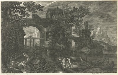 Scène nocturne avec des pêcheurs sur une rivière - Egidius  Sadeler (II)