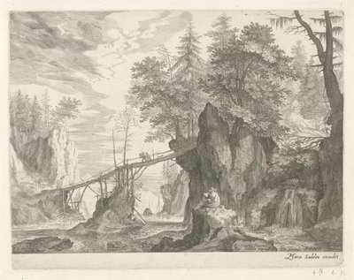 Dessinateur assis sur une pierre devant un pont - Egidius  Sadeler (II)