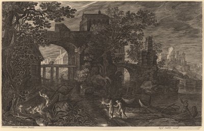 Paysage nocturne avec des pêcheurs de rivière hors des murs de la ville - Aegidius Sadeler II after Pieter Stevens