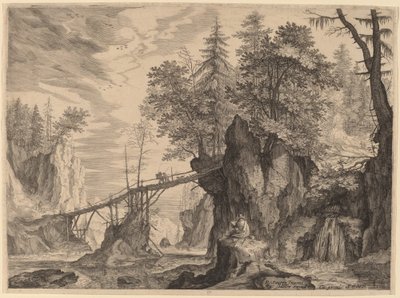 Dessinateur sur une pierre devant un pont - Aegidius Sadeler II after Roelandt Savery