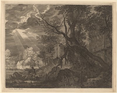 Paysage avec des hommes pêchant au clair de lune - Aegidius Sadeler II after Roelandt Savery