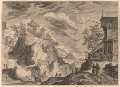 Paysage avec une auberge à droite et une maison sur des rochers à gauche - Aegidius Sadeler II after Roelandt Savery