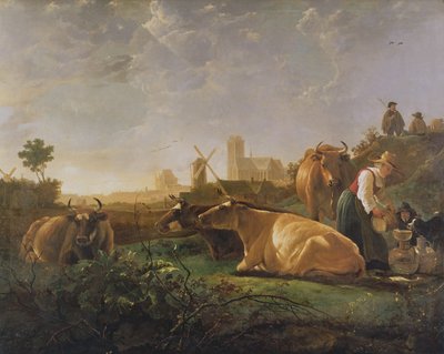 Vue lointaine de Dordrecht avec un berger endormi et cinq vaches (