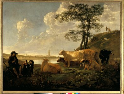 Paysage près de Rhenen : vaches paissant et berger jouant de la flûte Peinture d
