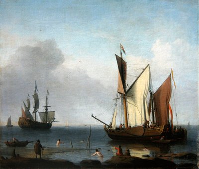 Peinture marine : craies hollandaises amarrées au large d