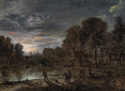 Un paysage nocturne avec des pêcheurs - Aert van der Neer
