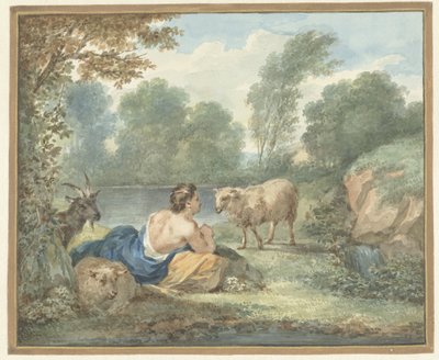 Bergère avec des moutons dans un paysage avec un étang - Aert Schouman