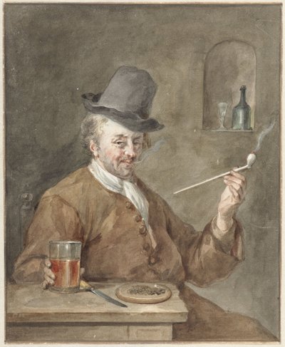Homme fumant une pipe à une table avec une assiette, un couteau et un verre - Aert Schouman