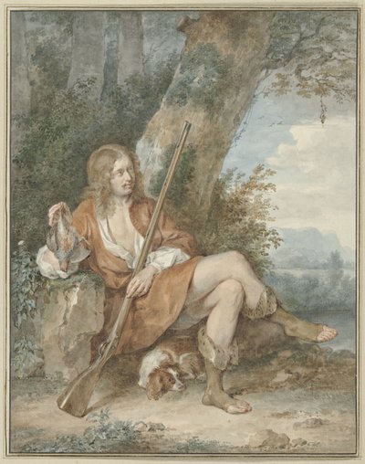 Chasseur au repos avec mousquet et perdrix, près d