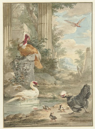 Dinde et autres oiseaux près de ruines classiques dans un parc - Aert Schouman