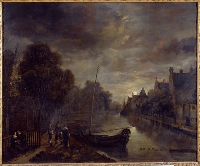 Un canal dans une ville hollandaise au clair de lune - Aert van der Neer