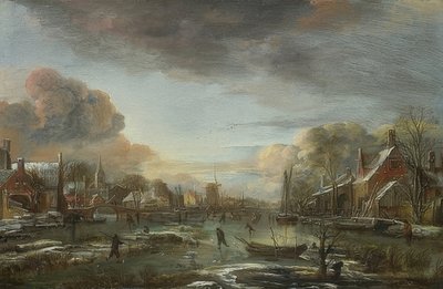 Une rivière gelée avec une ville le soir - Aert van der Neer