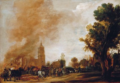 Soldats quittant un village en flammes, 1637 - Aert van der Neer