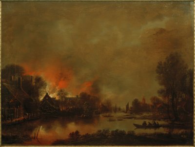 Paysage de canal nocturne avec feu dans un village - Aert van der Neer der Ältere
