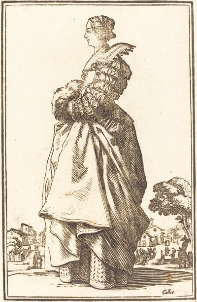 Femme noble de profil avec les mains dans un manchon - After Jacques Callot