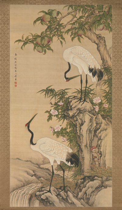 Grues, pêcher et roses chinoises, début du 18e siècle - After Shen Quan