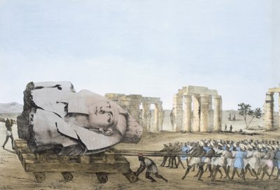 Mode de retrait de la tête du jeune Memnon, de Plates illustrative of the Researches in Egypt and Nubia, Giovanni Battista Belzoni, Pub. 1822 - Agostino Aglio