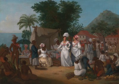 Marché de lin avec un étal de lin et un vendeur de légumes aux Antilles - Agostino Brunias
