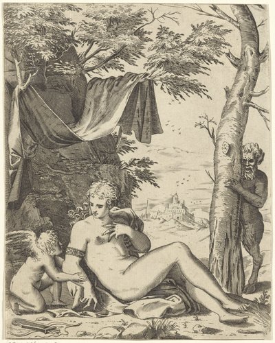 Vénus, Amour et satyre - Agostino Carracci (attributed to)