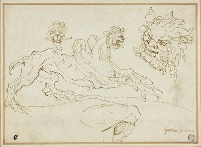 Quatre esquisses : Griffon, Tête grotesque, Tête de satyre, Jambe pliée - Agostino Carracci