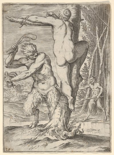 Satyre fouettant une nymphe, vue de dos et attachée à un arbre, un deuxième satyre... - Agostino Carracci