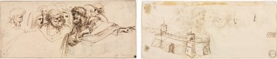 Étude de têtes (recto); Forteresse crénelée (verso) - Agostino Carracci