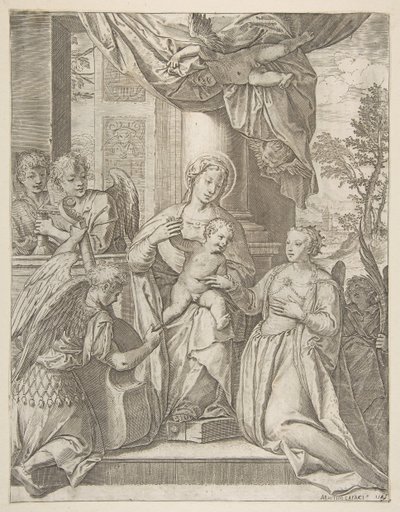 Le mariage mystique de Sainte Catherine qui est assise au centre avec l