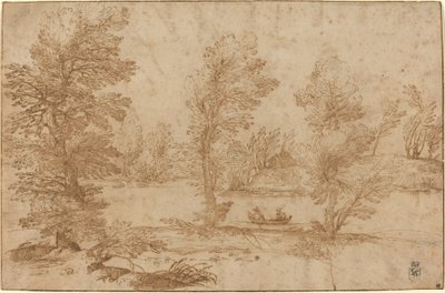 Rivière boisée avec un bateau - Agostino Carracci