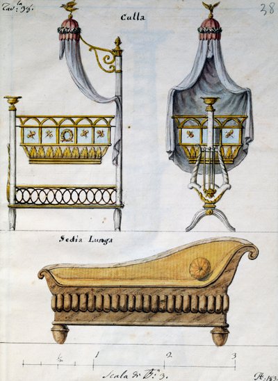 Lit de bébé et canapé, tiré de Lavori di falegname e Fabbro ideati e disegnati da me Agostino Fantastici, manuscrit 3, planche 38 - Agostino Fantastici