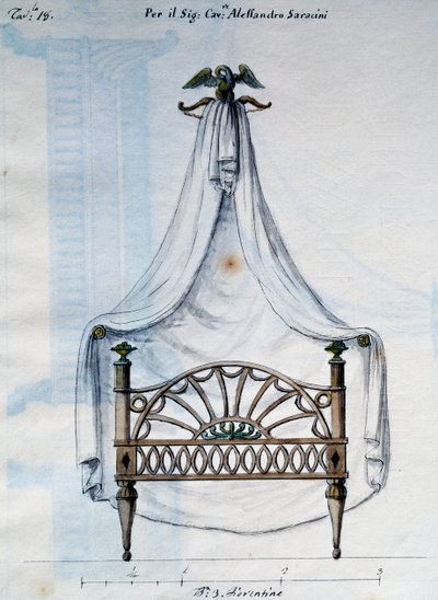 Lit à baldaquin pour Alexandre Saracens, tiré de Lavori di falegname e Fabbro ideati e disegnati da me Agostino Fantastici, manuscrit 3, planche 18 (1782-1845) - Agostino Fantastici
