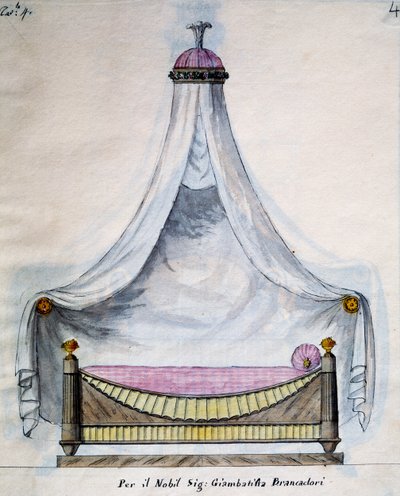 Lit à baldaquin pour M. Brancadori, du Lavori di falegname e Fabbro ideati e disegnati da me Agostino Fantastici, manuscrit 3, planche 4 - Agostino Fantastici