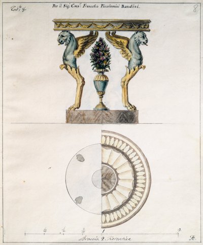 Table basse conçue par Agostino Fantastici pour Francesco Piccolomini Bandini, dessin, Italie - Agostino Fantastici