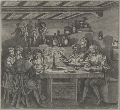 Baccio Bandinelli dans son atelier tenant une statuette de Vénus, étudiants dessinant, 1531 - Agostino Veneziano