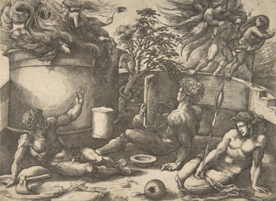 Caïn tenant un miroir regardant son sacrifice englouti par les flammes, Adam et Ève assis, vers 1530-50 - Agostino Veneziano