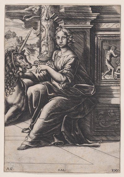Chasteté, une femme assise, une licorne à sa droite - Agostino Veneziano