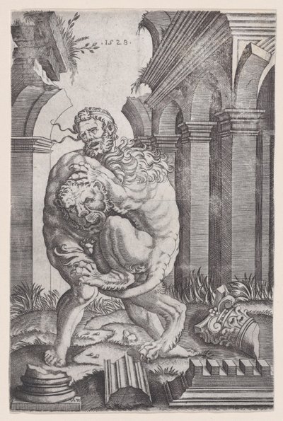 Hercule étranglant le lion de Némée, daté de 1528 - Agostino Veneziano