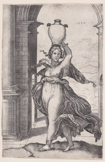 Femme portant un vase sur la tête, daté 1528 - Agostino Veneziano