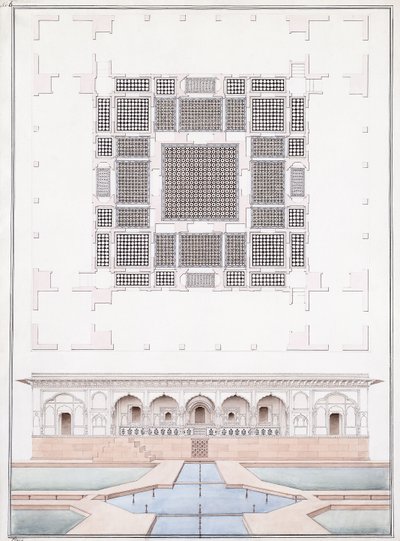 Élévation de la façade sud et du palais du jardin du Suraj Bhawan à Dig, c.1830 - Agra School