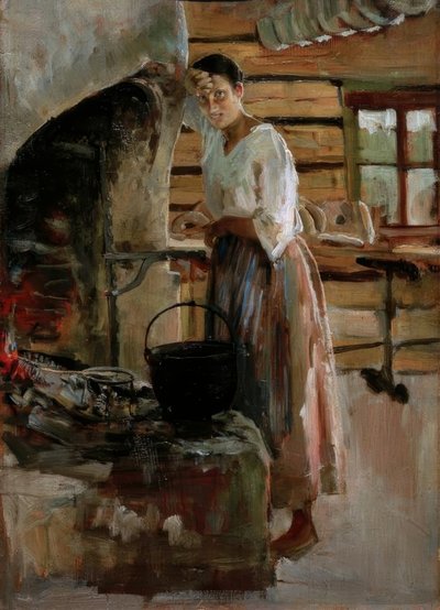 Femme cuisinant des marènes - Akseli Valdemar Gallen Kallela