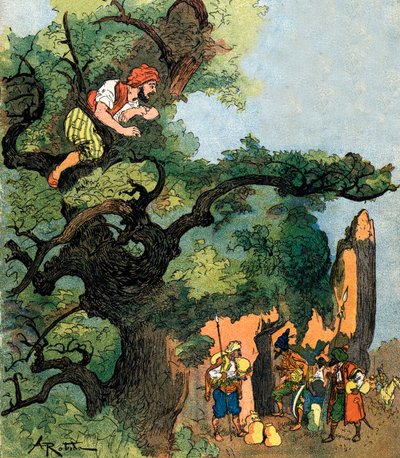 Ali Baba écoute un groupe de quarante voleurs visitant leur trésor Illustration par Albert Robida pour Ali Baba et les Quarante Voleurs 1945 Collection privée - Albert (after) Robida