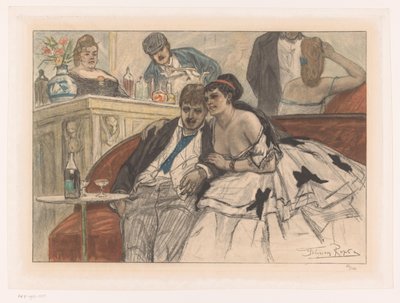 Homme et femme assis sur un banc rouge au bar d