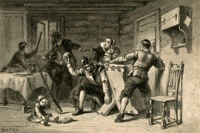 Les puritains barricadant leur maison contre les Indiens, 1877 - Albert Bobbett